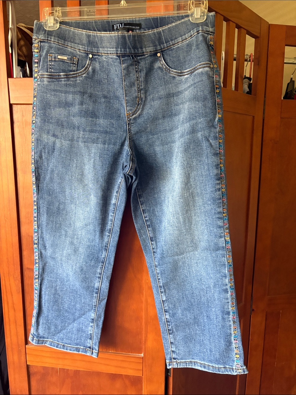 FDJ Light Blue Stretch Cropped Jeans with Embroidered Side Trim